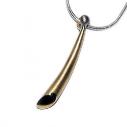 Small 18ct wiggly pendant. The solid 18ct yellow gold pendant tapers from 4mm and is approx 25mm long. The pendant has 18ct white gold detailing. It comes on a silver snake chain and is available in a satin or polished finish.