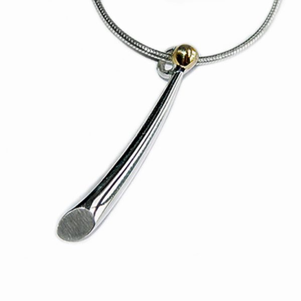 Small silver wiggly pendant with chunky 18ct gold bead. The solid silver pendant tapers from 4mm and is approx 25mm long. A distinct design with elegant simple lines.
