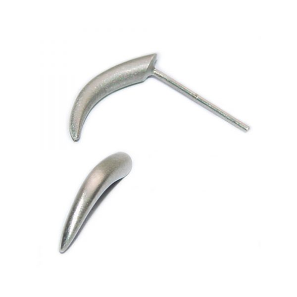 These striking small silver tusk earrings are pure and simple in design. They are practical and unusual everyday earrings. The solid silver studs taper from 3mm.  They have approximate maximum dimensions of length 13mm x width 3mm x depth 3mm. The small tusk earrings come in satin finished or highly polished silver. (If you would like the earrings in 9ct and 18ct white, yellow gold, please contact us for details) They have a simple ear post and bell scroll fixing. The small tusk earrings are delivered in a Paul Finch Jewellery gift box.