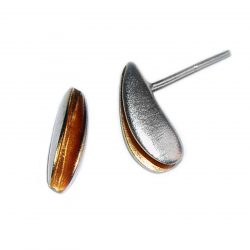 Front split shell studs in silver with rich 22ct gold plated interior. The earrings usually come in a satin finish and approximate maximum dimensions are height 14mm, width 4mm, depth 6mm. These unusual earrings are practical, comfortable and therefore ideal for everyday wear.