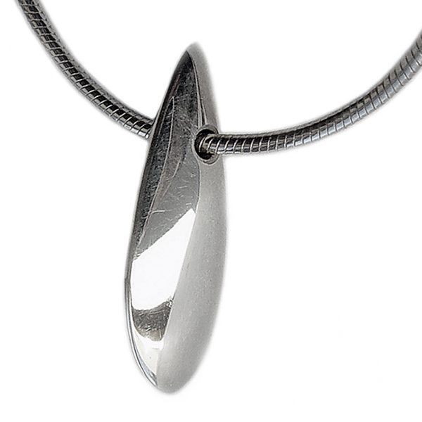 The front plain shell pendant has a smooth organic form. It is approx 22mm long with a width of 4mm and a depth of 8mm at the widest point. The pendant usually comes on a silver snake chain.