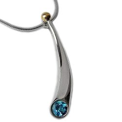 An elegant short curved wiggly pendant with 5mm blue topaz & 18ct gold bead on a silver snake chain. The pendant tapers from 6mm & is approx 38mm long. A beautiful & pure design