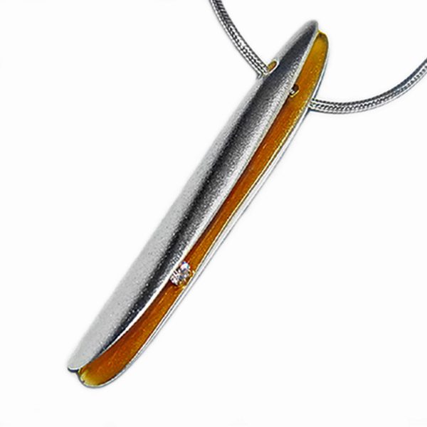 Large silver shell diamond pendant with 3pt (0.03ct vsfg) diamond set within a rich 22ct gold plated interior. It is  30mm in height  with a width of 5mm and depth  of 7mm. The pendant usually comes in a satin finish on a silver snake chain.