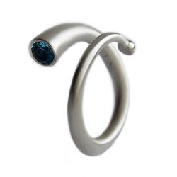 The silver spiral wiggly ring wraps comfortably around the finger. The solid sterling silver ring tapers from 6mm to a point detailed with a silver bead. The ring is end set with a round faceted 5mm gemstone.