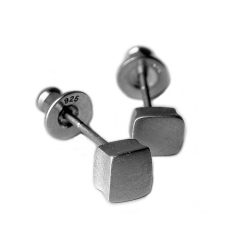 Square silver stud earrings. These solid silver earrings are practical, comfortable and therefore ideal for everyday wear. The approximate maximum dimensions are 6x6x3mm. They have a simple ear post and bell scroll fixing and come in a satin or highly polished finish You can clean the earrings with silver dip, rinse in warm soapy water, dry thoroughly. For polished finish use silver polishing cloth/ and or silver dip.